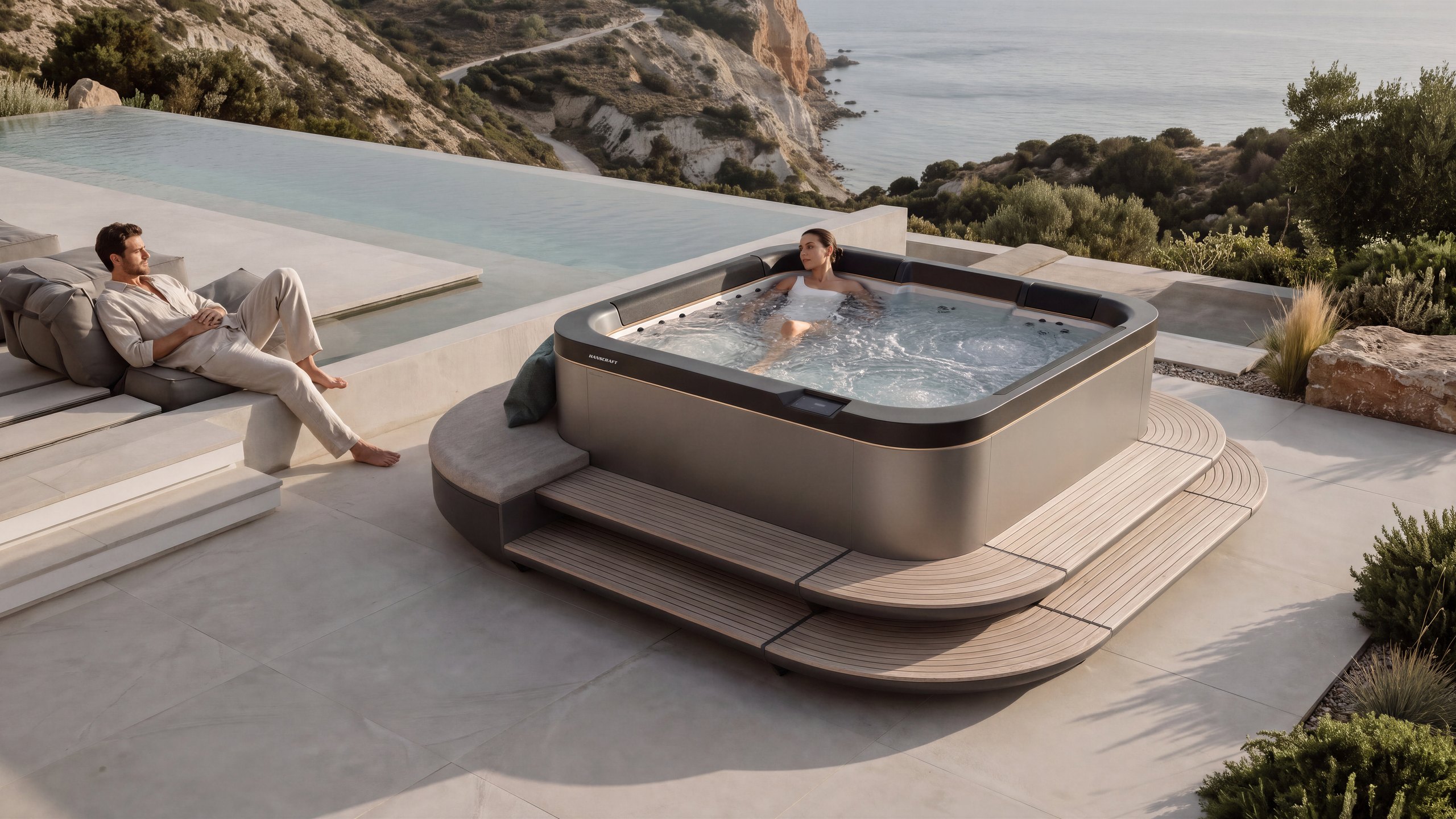 HANSCRAFT SP—116 spa on a terrace overlooking the sea, with people relaxing